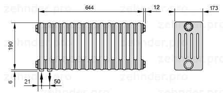 Схема (чертеж) Радиатор Zehnder Charleston 5019/14 №3370 Белый глянцевый RAL 9016